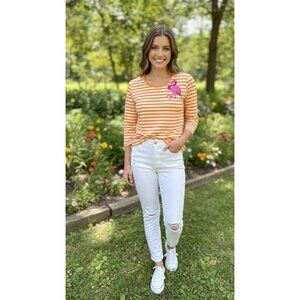 Quacker Factory XS Orange & White Striped Flamingo Top